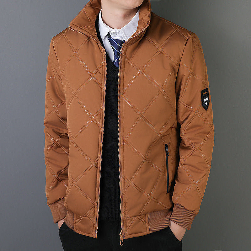 Cotton men's new autumn and winter stand-up collar with fleece diamond plaid warm warm cotton jacket