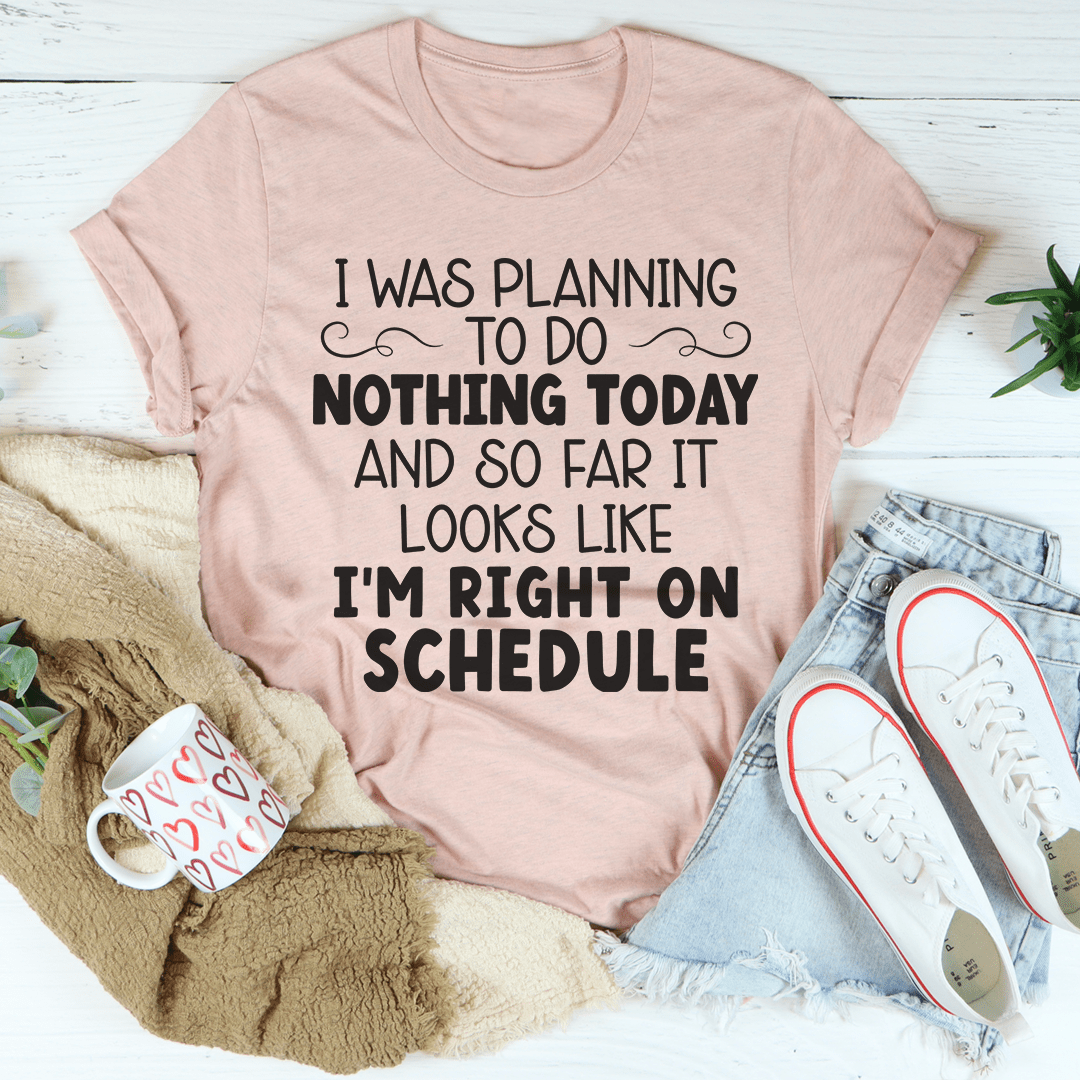 Heather prism peach crewneck T-shirt with 'I'm right on schedule' slogan graphic