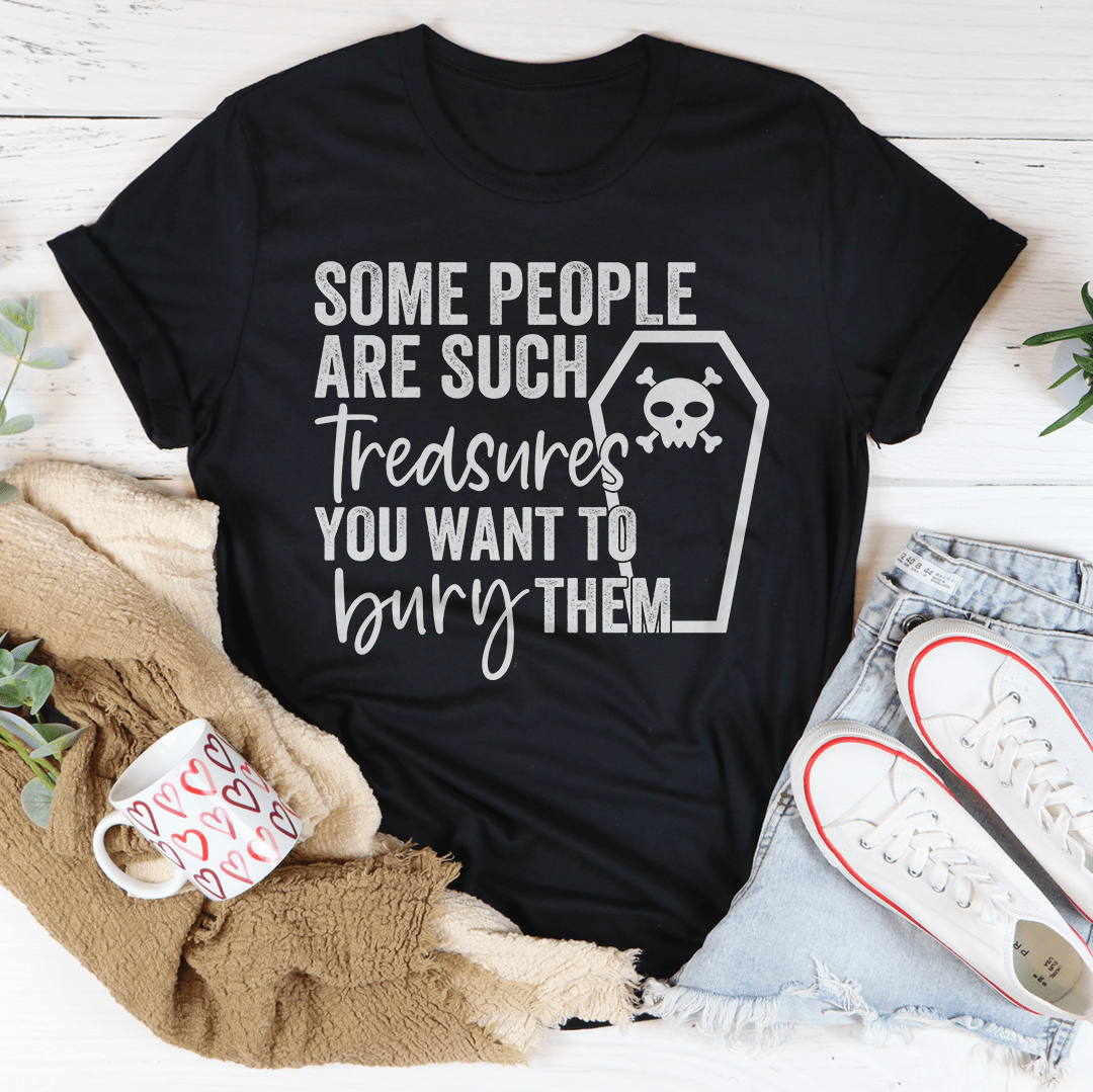 Black crewneck T-shirt with skull graphic and quote print on the front.