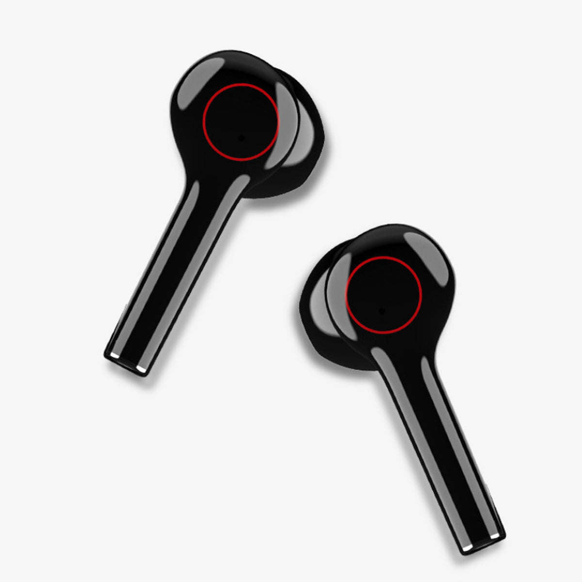 Black wireless Bluetooth earbuds, two in-ear buds with red circular lights