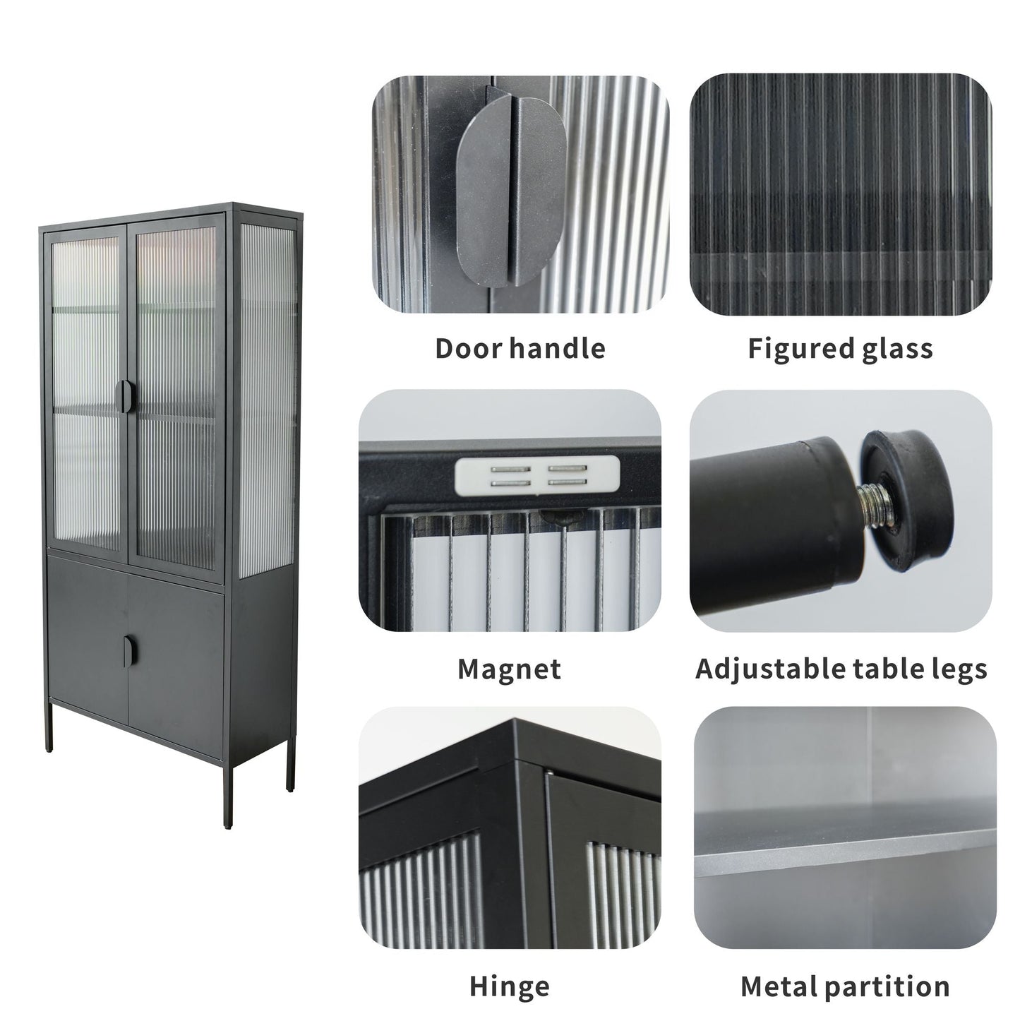 Elegant Matte Black Metal and Glass Storage Cabinet with Adjustable Shelves