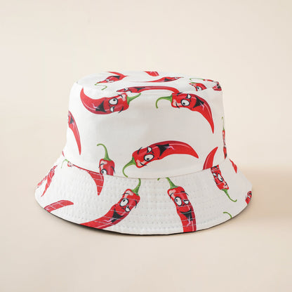 White bucket hat with red chili pepper pattern, wide brim
