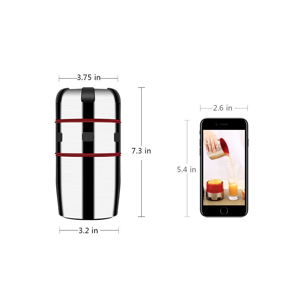 Portable manual citrus juicer with red band and black top, stainless steel cup body