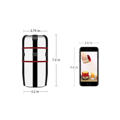Portable manual citrus juicer with red band and black top, stainless steel cup body