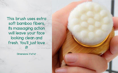 Facial brush head with soft white bamboo fibers held in a hand.
