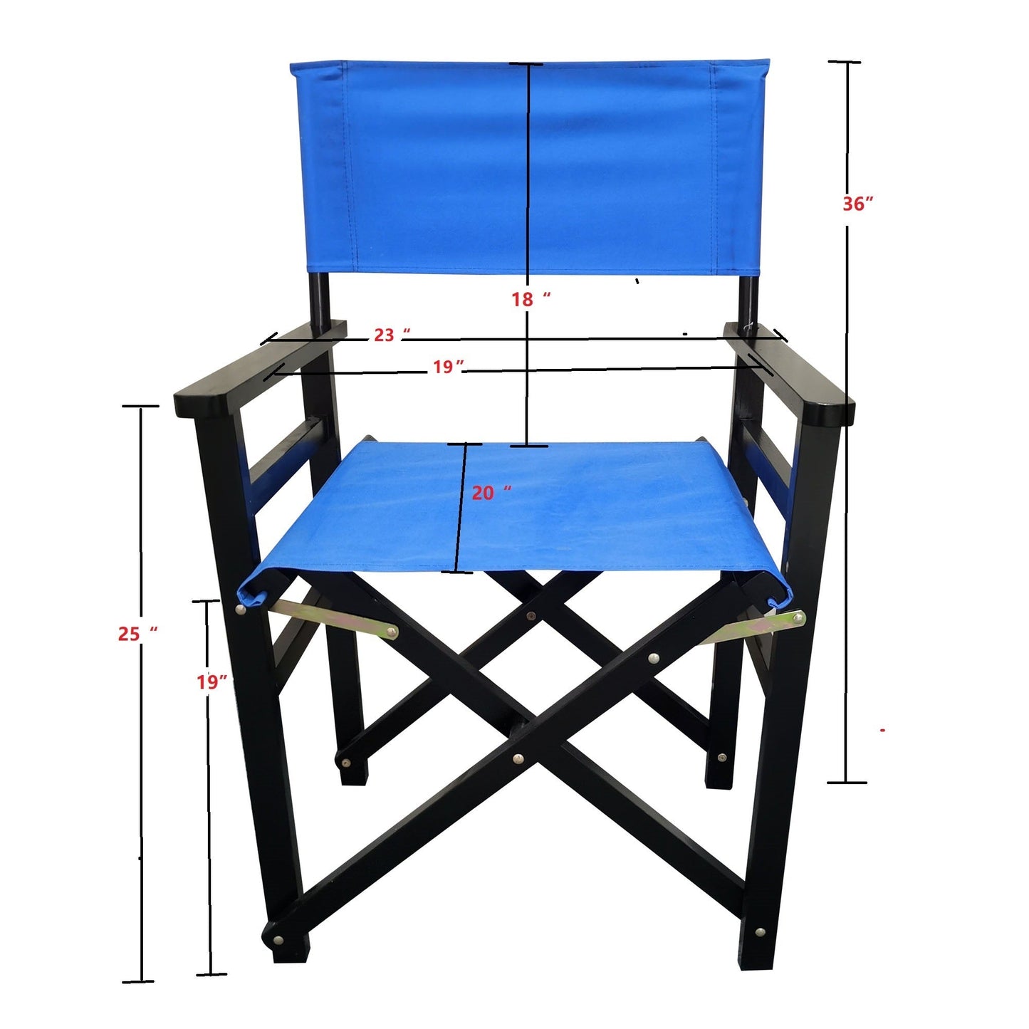 Blue canvas folding director chair with dimensions marked on black wooden frame