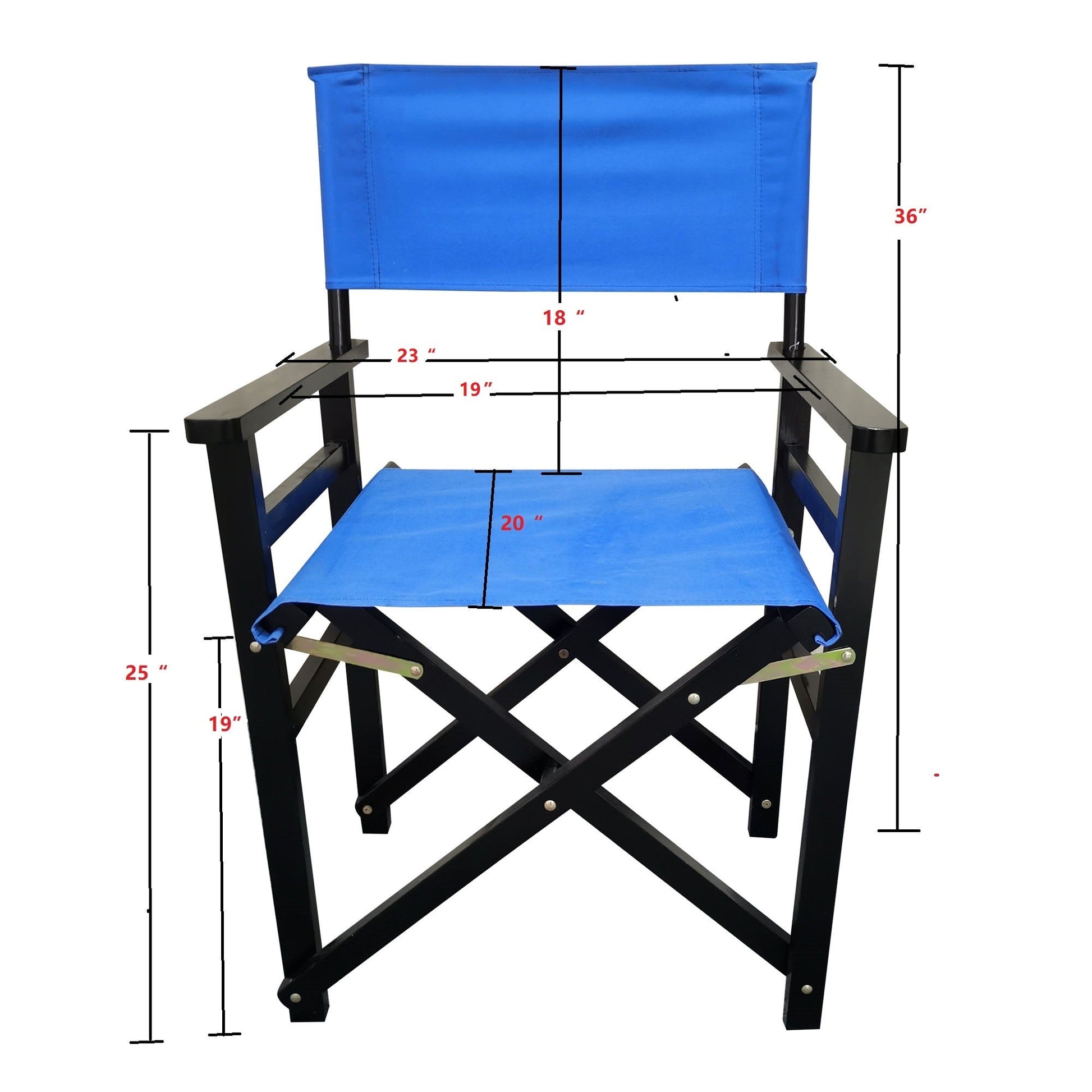 Blue canvas folding director chair with dimensions marked on black wooden frame