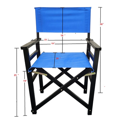 Blue canvas folding director chair with dimensions marked on black wooden frame