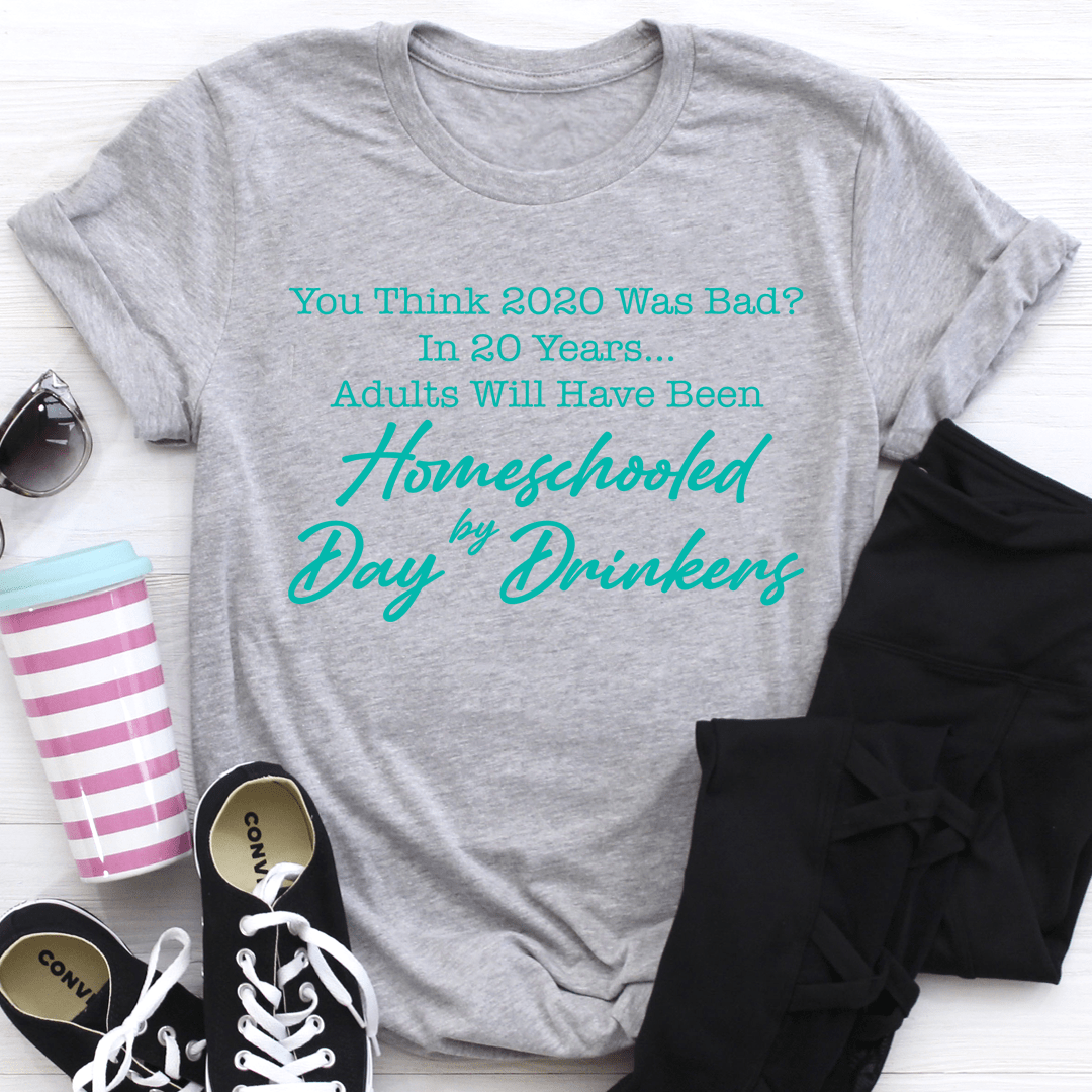 Heather grey crewneck graphic tee with teal-green and green lettering, short sleeves