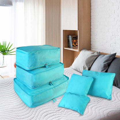 Turquoise packing cubes with zip closures and matching storage pillows set