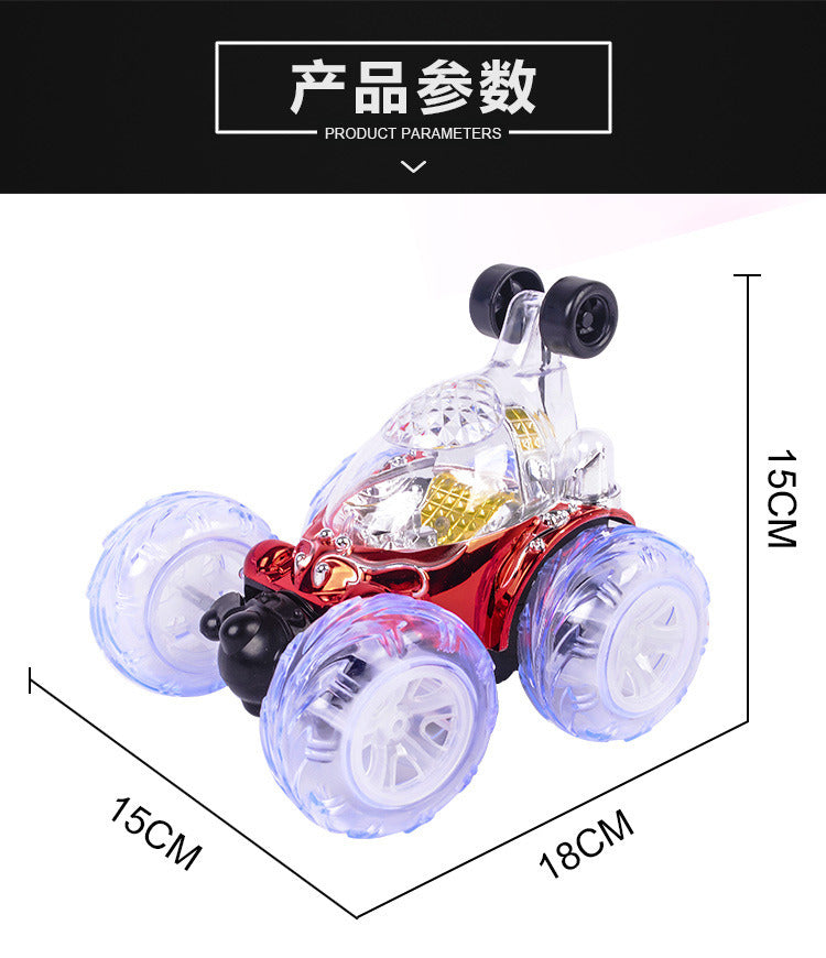 Remote control stunt car in red with clear bubble wheels and LED lights