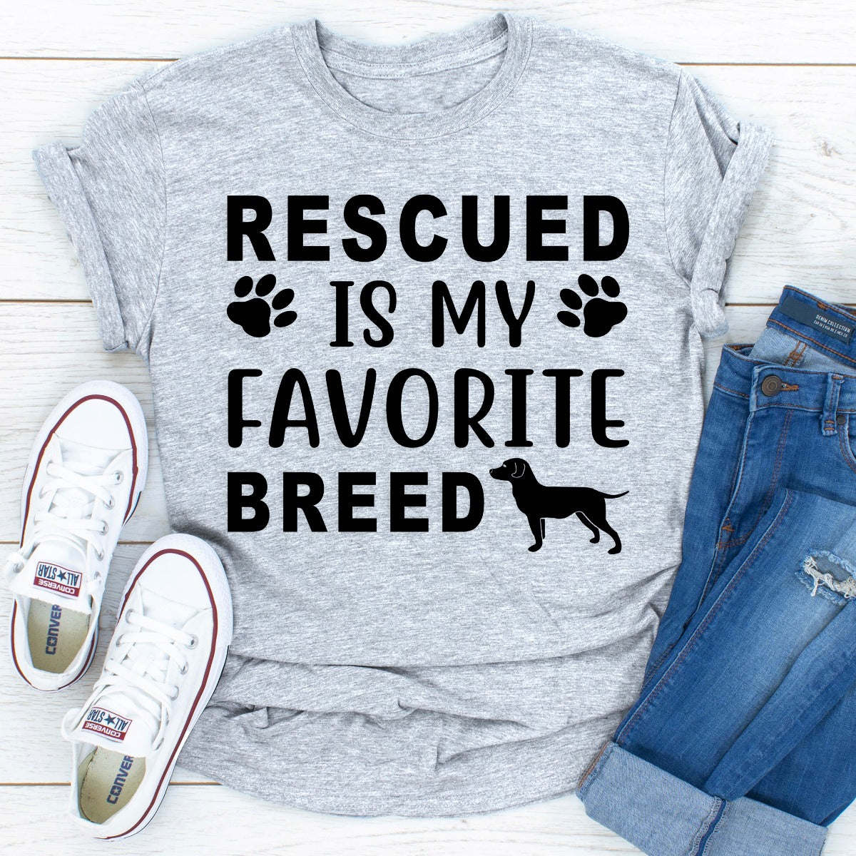 Heather gray t-shirt with large RESCUED IS MY FAVORITE BREED text and dog silhouette