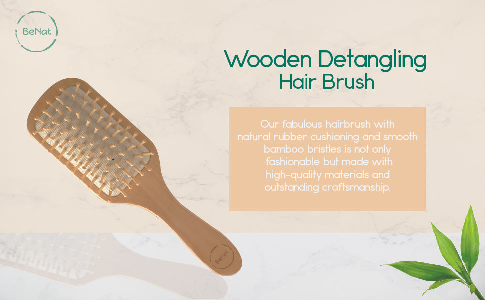 Natural wooden detangling hair brush, angled handle with white bristles