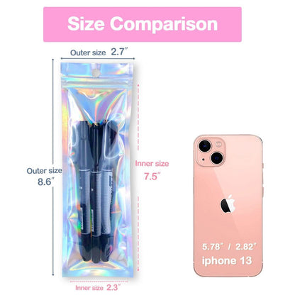 Holographic foil pouch bag with size labels: 2.7 in by 8.6 in