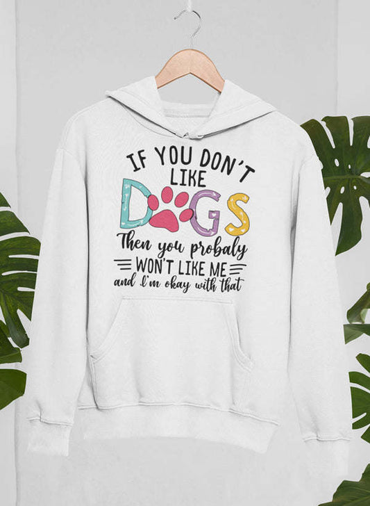 White hoodie with dog paw graphic and slogan on the back