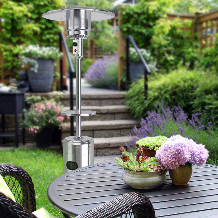 Silver propane patio heater with circular reflector top and side control knob