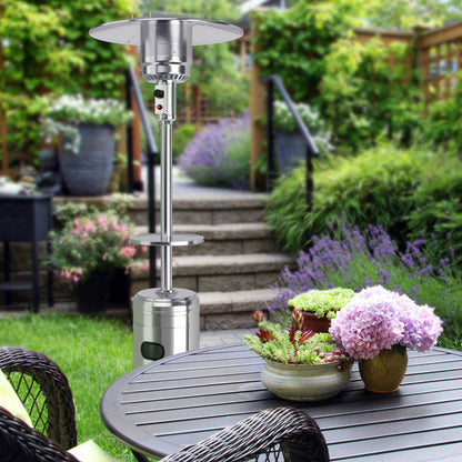 Silver propane patio heater with circular reflector top and side control knob