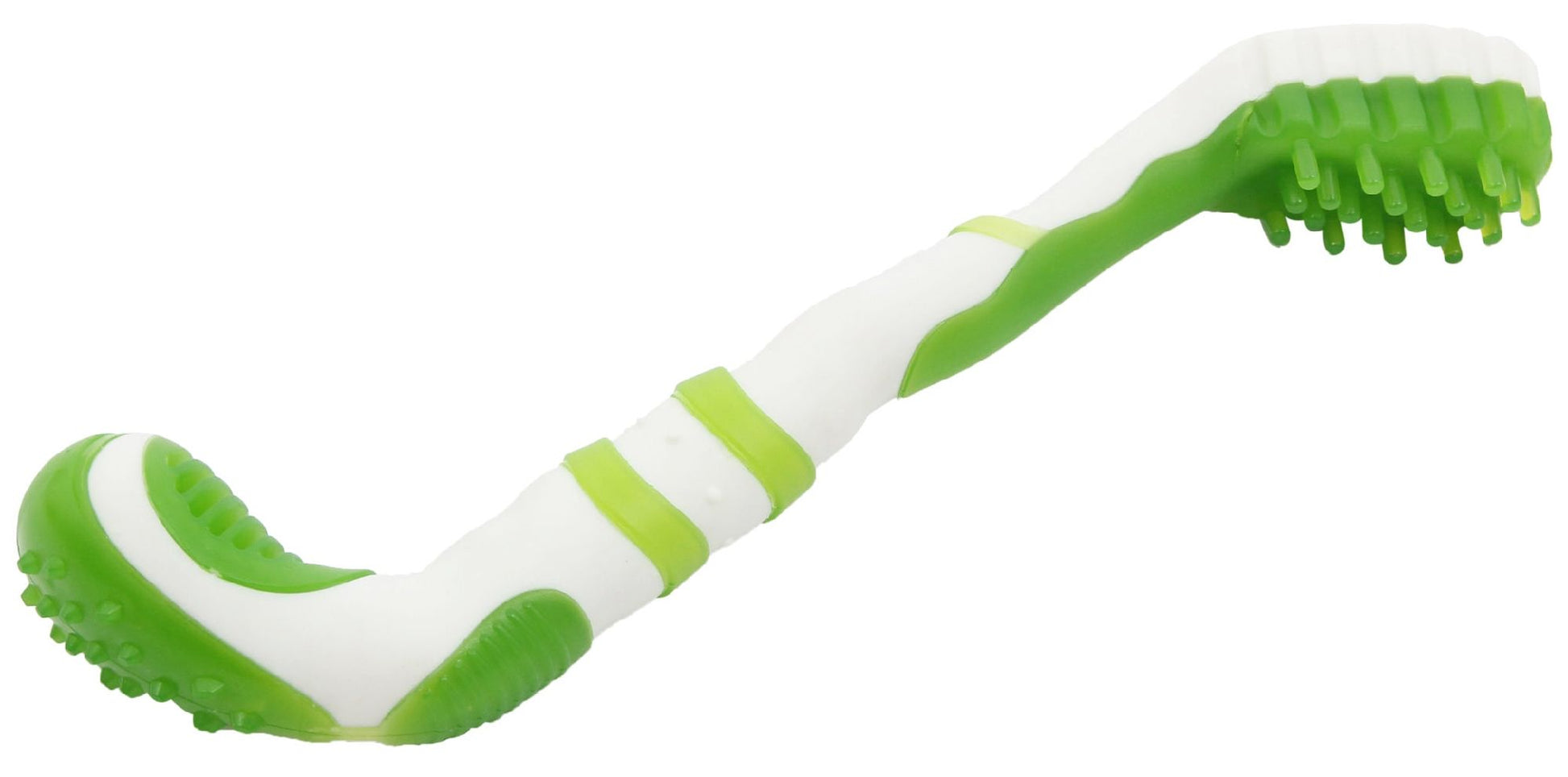 Dog toothbrush and TPR chew toy, green and white with textured brush head