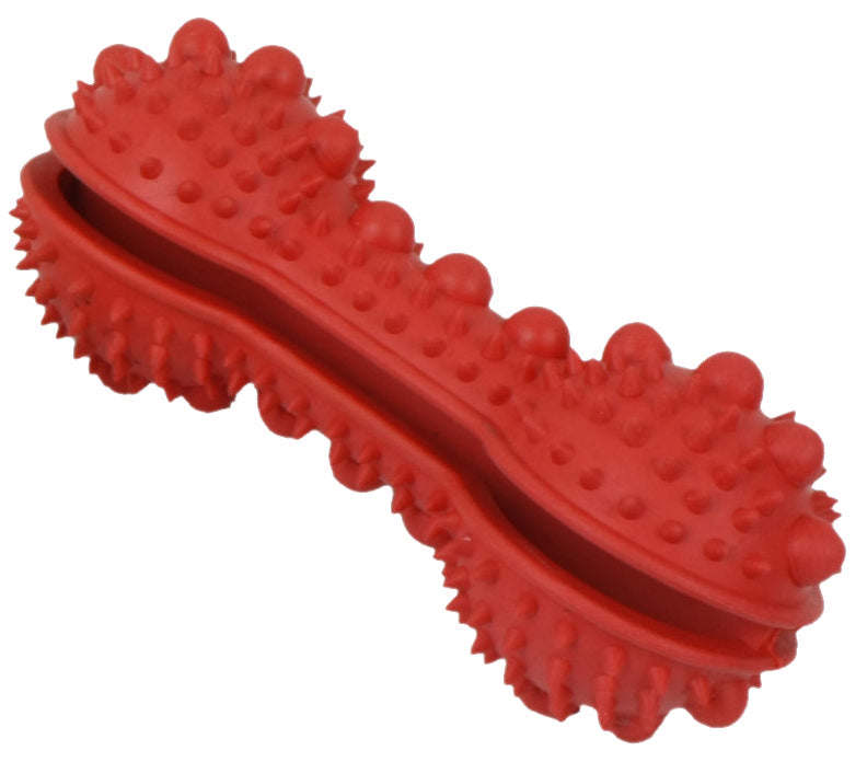 Red TPR dental bone dog toy with raised nubs and ridged treat channel