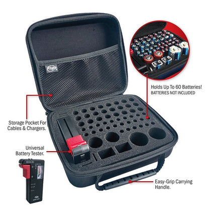 Small battery storage case open; holds up to 60 batteries, with mesh pocket and tester.