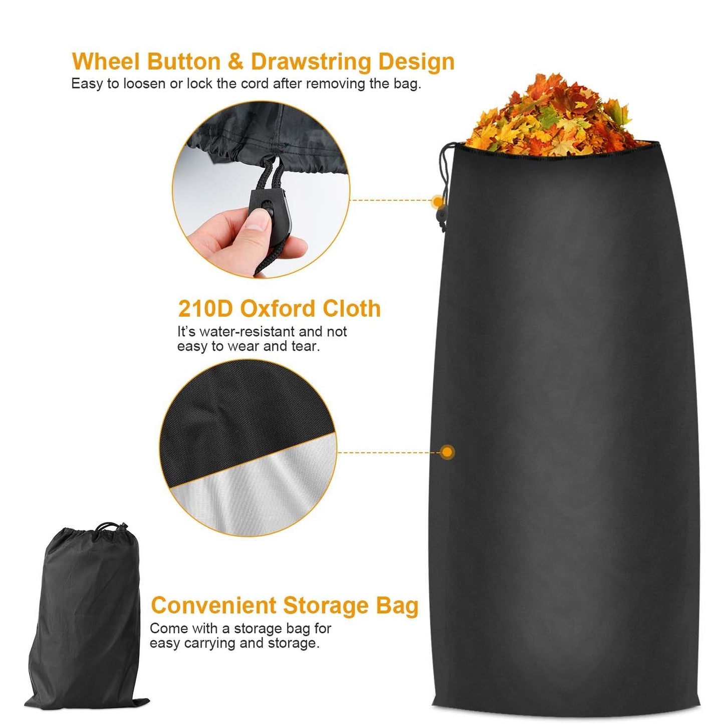 Black lawn tractor leaf bag with drawstring closure detail