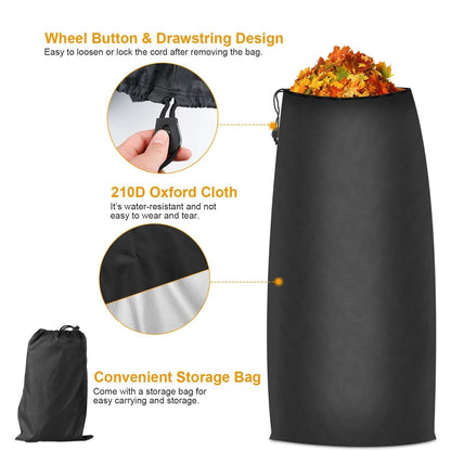 Black lawn tractor leaf bag with drawstring closure detail
