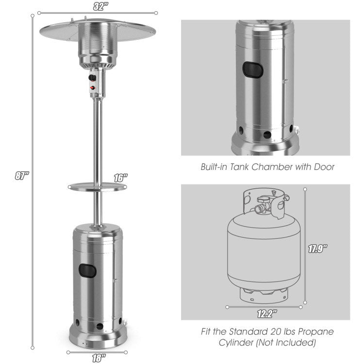 Silver propane patio heater with dimensions showing burner, tank, and tabletop rings