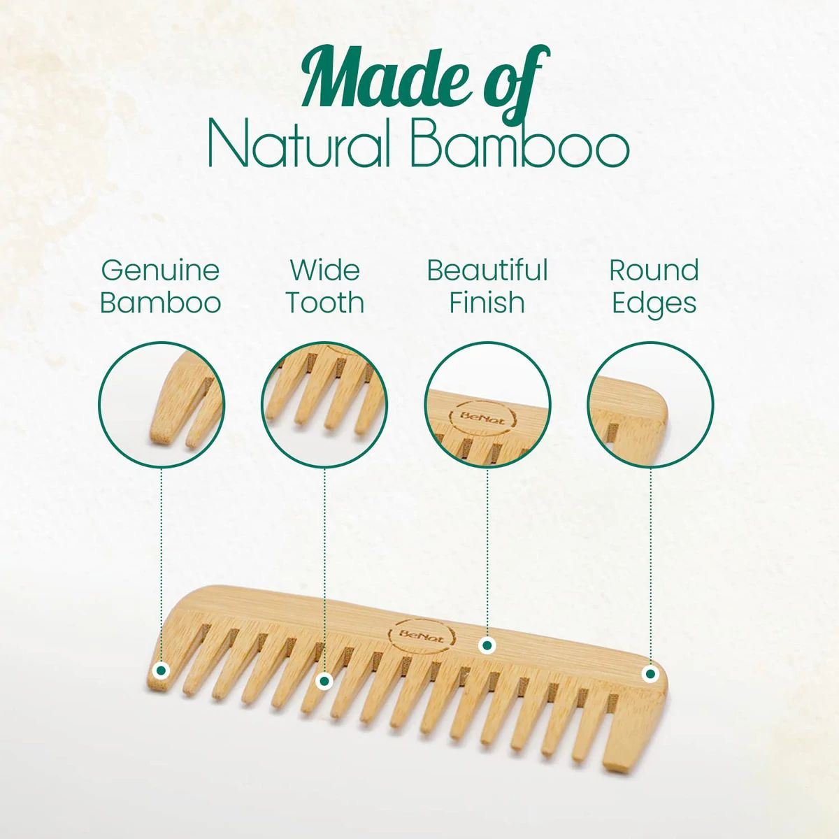 Natural bamboo comb with wide teeth, rounded ends, and a smooth wood handle.