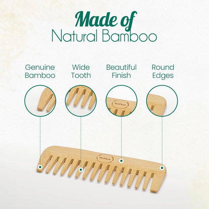 Natural bamboo comb with wide teeth, rounded ends, and a smooth wood handle.