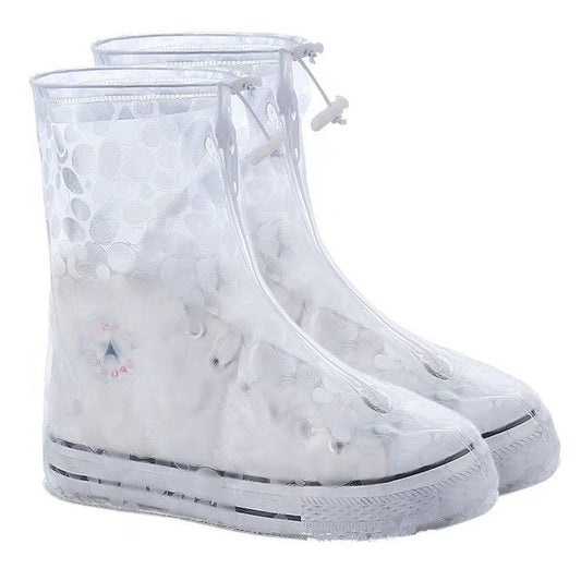 Reusable rain boot cover, clear white polka-dot pattern with drawstring strap