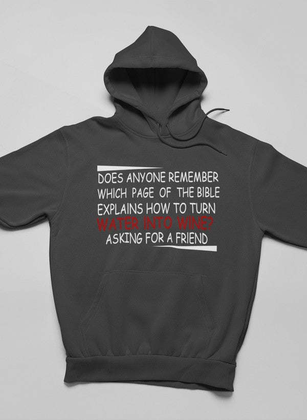 Dark gray hoodie with hood and front graphic text, long sleeves, kangaroo pocket