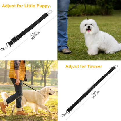 Adjustable black pet seat belt leash strap with metal clip, shown with length.