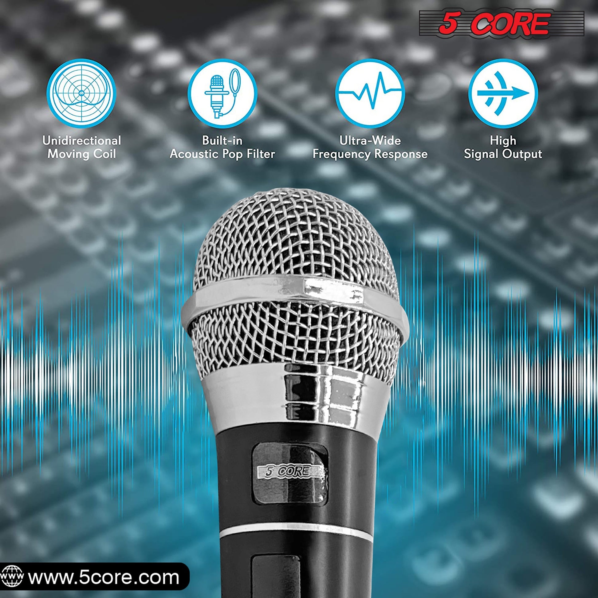 Black dynamic handheld microphone close-up with metal mesh grille