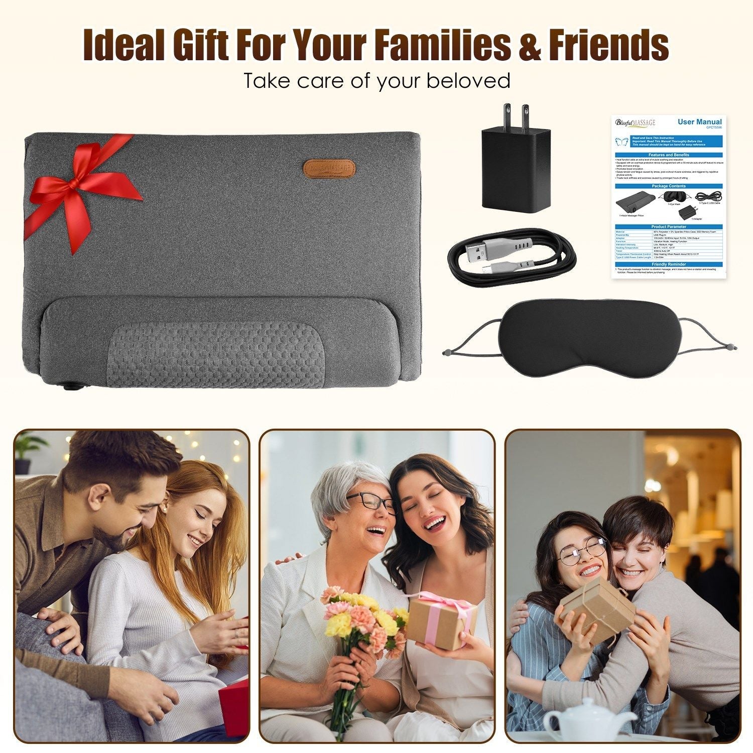 Dark gray neck massager pillow gift set with power adapter, cable, and user manual