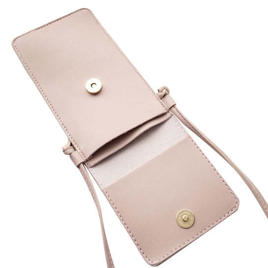Mini transparent phone and card crossbody bag, light pink with snap flap and strap