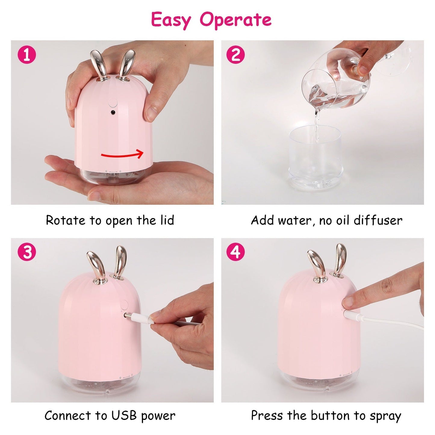 Pink cool mist humidifier with rose-gold antler top, shown with open lid
