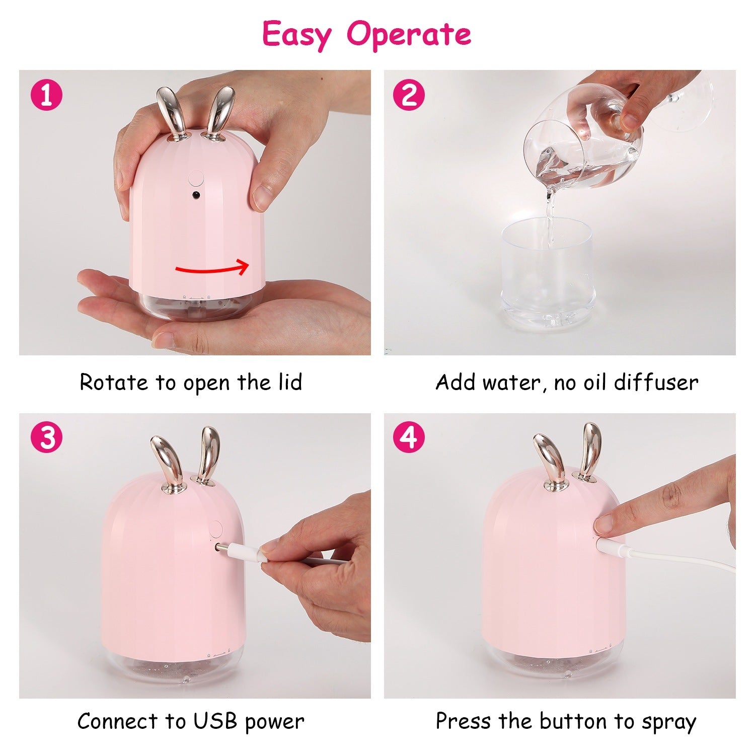 Pink cool mist humidifier with rose-gold antler top, shown with open lid