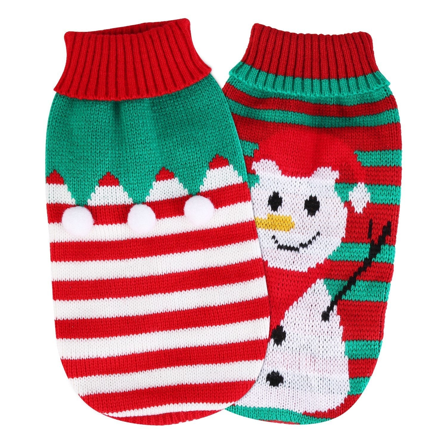 Pair of pet Christmas sweaters: one with snowman front, one with red-and-white striped back