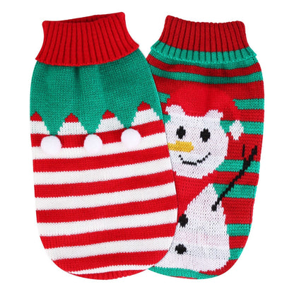 Pair of pet Christmas sweaters: one with snowman front, one with red-and-white striped back