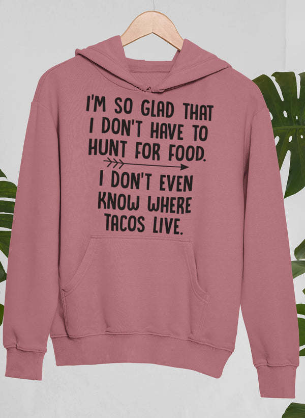 Mauve hoodie with front pocket and bold food quote graphic on chest
