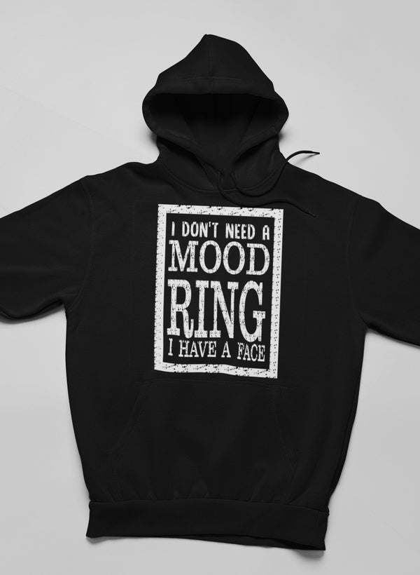 Black hoodie with front graphic print, pullover hood and long sleeves