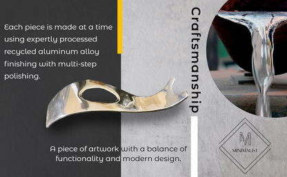Minimalist aluminum bottle holder, sculpted polished finish with open cradle