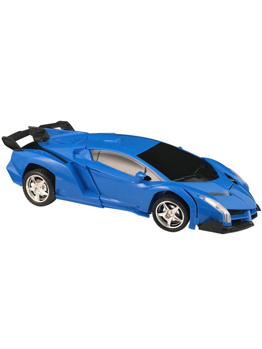 Blue sports-style R/C car with black windshield and silver wheels
