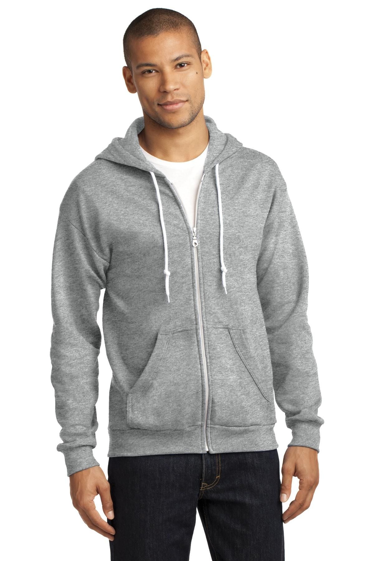 Full-zip hooded sweatshirt in heather gray with white drawstrings and front zip.