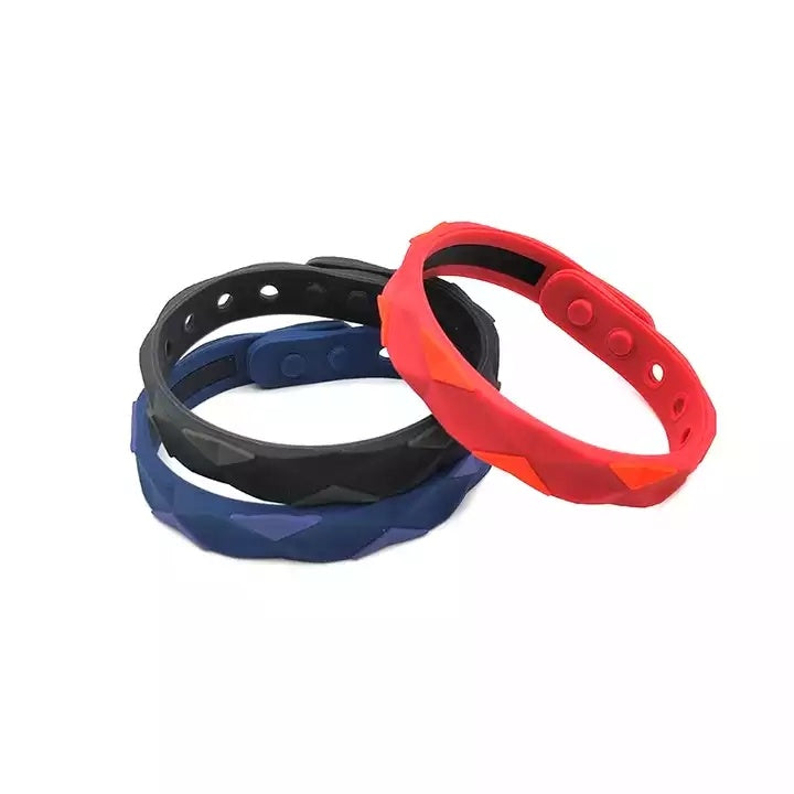 Anti-static bracelet set in red, black, and blue silicone bands with textured stripes