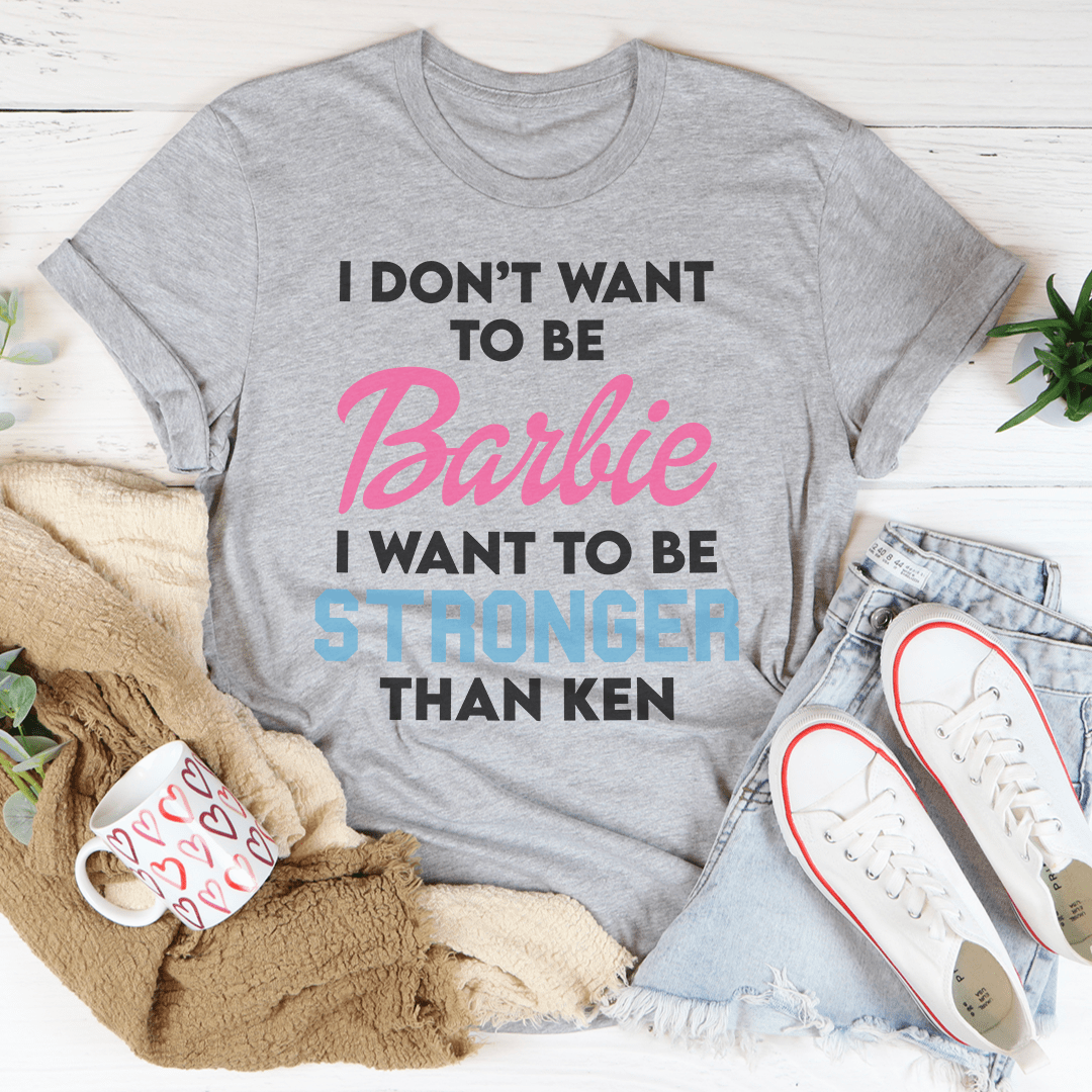 Gray heather crewneck T-shirt with Barbie stronger-than-Ken slogan print