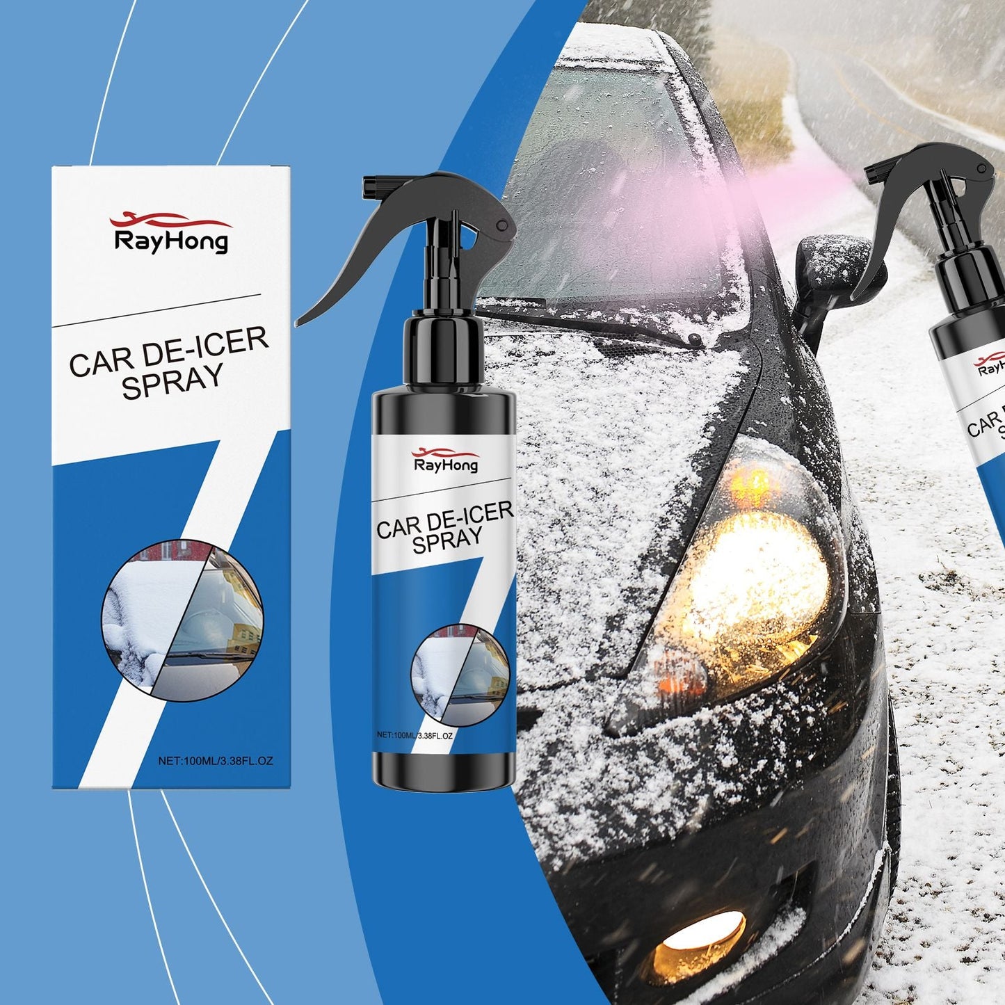 Car de-icer spray bottle beside icy windshield and car surface