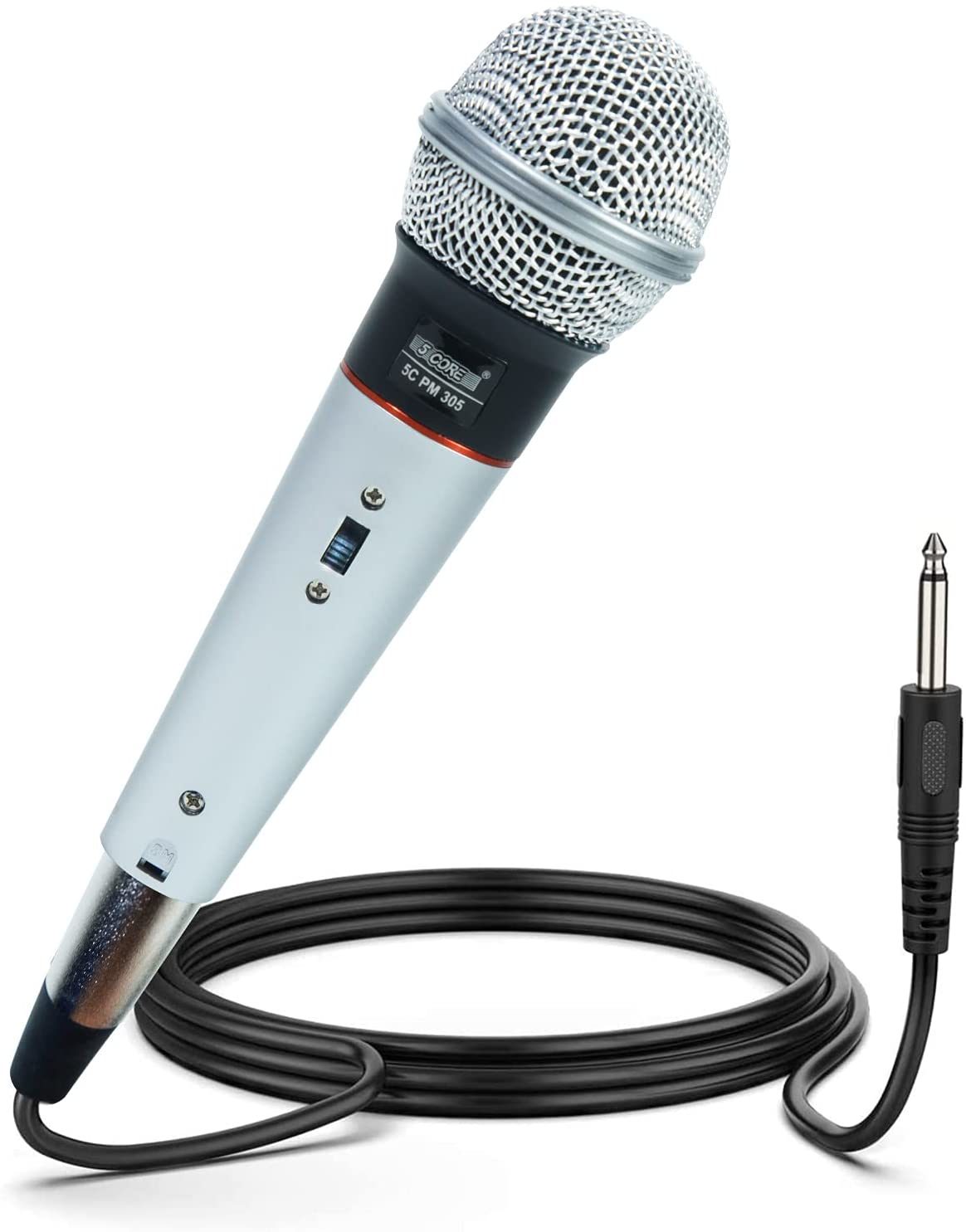 Wired handheld dynamic microphone with light blue body and attached black audio cable.