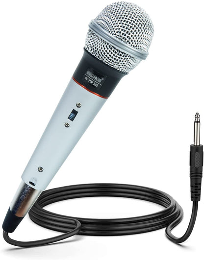 Wired handheld dynamic microphone with light blue body and attached black audio cable.