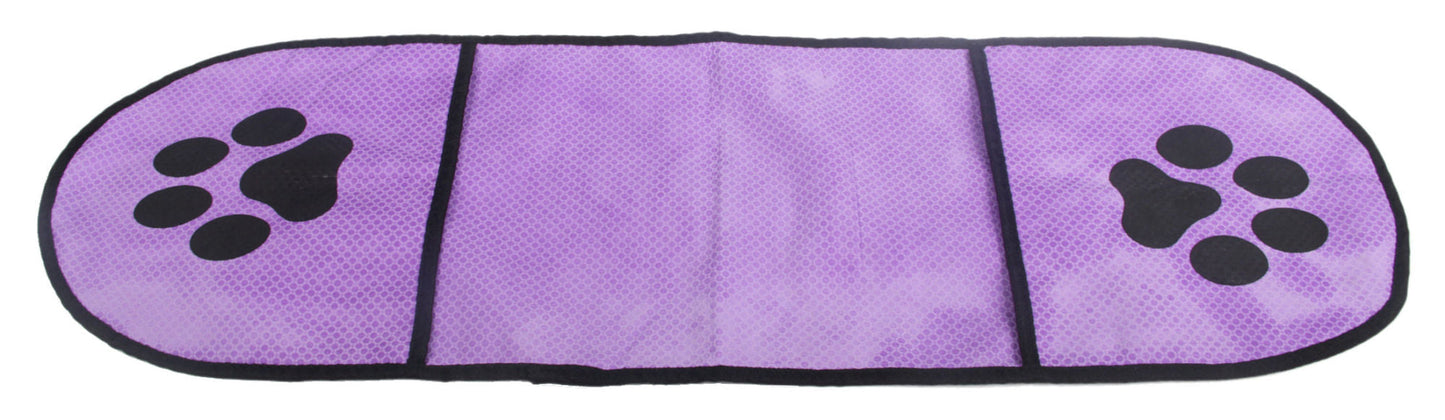 Microfiber pet drying towel in purple with black paw-print end panels and center seam